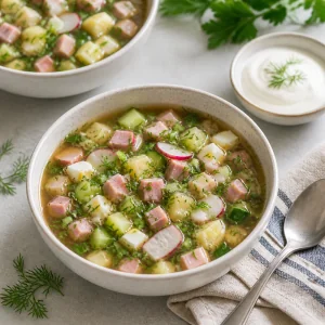 Served bowls of okroshka with sour cream on the side