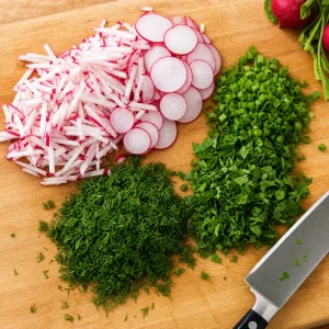 Sliced radishes and chopped herbs on a cutting board