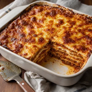 Lasagne al forno con superficie dorata e strati visibili