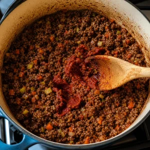 Carne macinata rosolata con concentrato di pomodoro in pentola