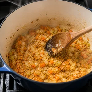 Verdure tritate che rosolano in una casseruola