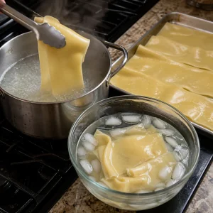 Sfoglie cotte trasferite in acqua ghiacciata
