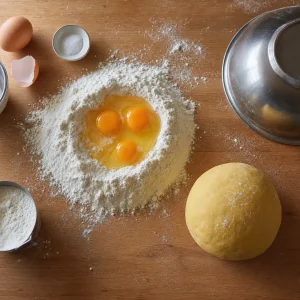 Impasto per pasta fresca e farina su un piano di legno