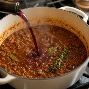 Vino rosso versato nel ragù alla bolognese