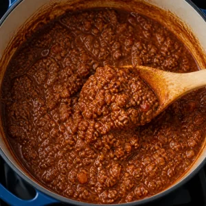 Ragù alla bolognese denso su un cucchiaio di legno