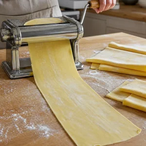 Sfoglia sottile che passa nella macchina per la pasta