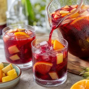 Chilled sangria poured over ice with fruit pieces in each serving glass