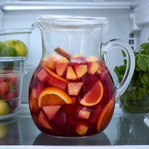 Covered pitcher of tropical red wine sangria chilling in the refrigerator