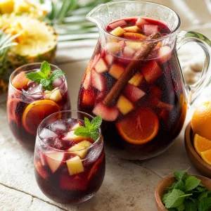 Finished tropical red wine sangria with brandy, citrus, pineapple, apples, cinnamon, and mint