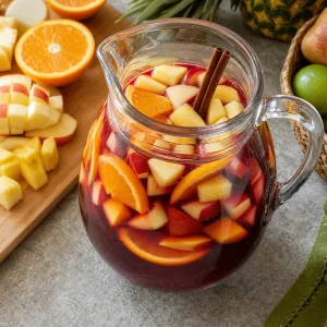 Orange slices, apple chunks, pineapple cubes, and cinnamon added to the sangria pitcher