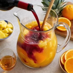 Red wine poured into the tropical juice mixture with brandy ready to stir