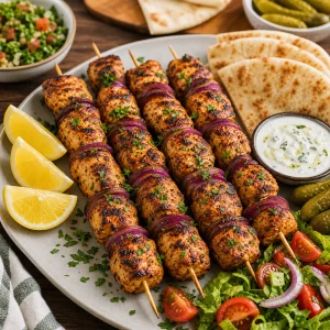 Chicken tawook skewers served with parsley, lemon, pita, garlic sauce, pickles, and salad.
