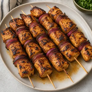 Grilled chicken skewers resting on a platter.
