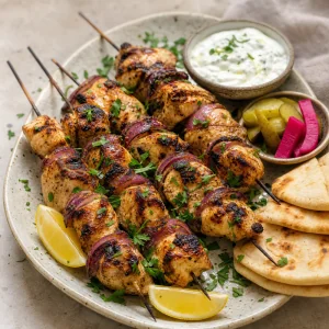 Grilled chicken tawook skewers with pita, lemon, garlic sauce, and pickles.
