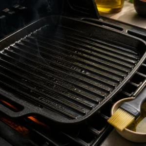Hot oiled grill pan ready for the skewers.