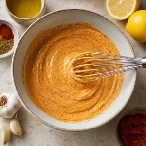 Orange yogurt and spice marinade whisked in a bowl.