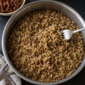 Lentilles et riz cuits aérés avec une fourchette dans la casserole