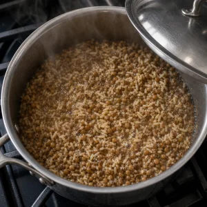 Lentilles et riz qui frémissent doucement avant de couvrir la casserole