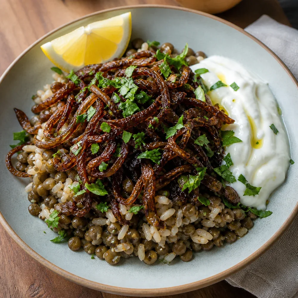 Mujadara avec oignons caramélisés, yaourt, persil et citron