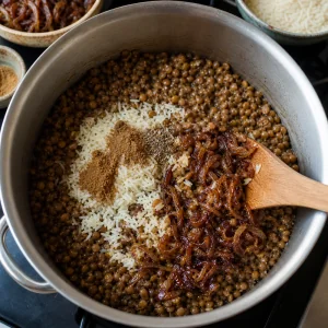 Riz, épices et oignons caramélisés ajoutés aux lentilles cuites