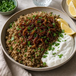 Mujadara servie avec oignons caramélisés, persil, yaourt et citron