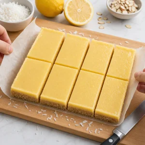 Plaque refroidie citron amande coco coupee en barres