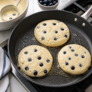 Cuire les pancakes ricotta-myrtilles jusqu’à formation de bulles