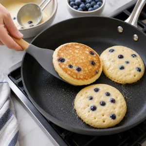 Retourner les pancakes ricotta-myrtilles pour révéler une face dorée