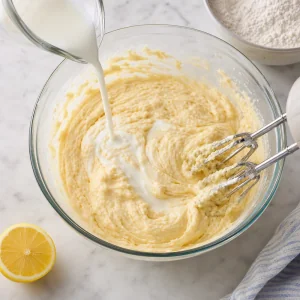 Mélanger ricotta, lait, œufs, citron et vanille jusqu’à consistance crémeuse