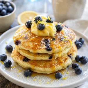 Servir des pancakes citron, ricotta et myrtilles avec du beurre au miel