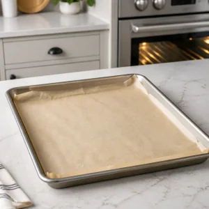 Parchment-lined baking sheet ready for the potatoes