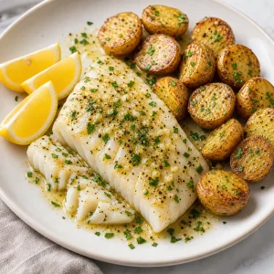 Served lemon butter cod with baby potatoes and lemon wedges