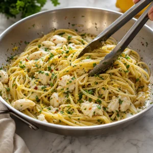 Crab linguine tossed with lemon zest and parsley