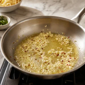Garlic and red pepper flakes sizzling in butter