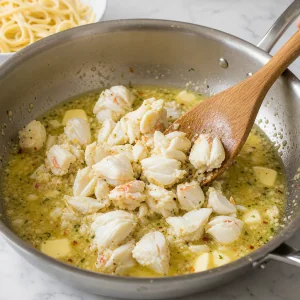 Lump crab meat warming in lemon garlic butter