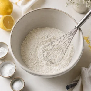 Ingredientes secos do bolo misturados numa tigela