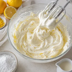 Cobertura sedosa de mascarpone e limao batida numa tigela
