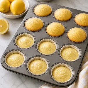 Lemon cupcake batter and baked cupcakes in a muffin pan