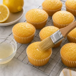 Lemon syrup brushed onto warm unfrosted cupcakes