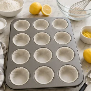 Muffin pan lined with paper cupcake liners
