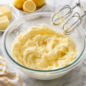 Pale fluffy butter and sugar in a mixing bowl