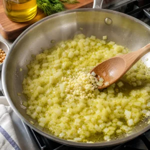 Gehackte Zwiebel wird in Olivenöl mit Knoblauch für die Weinblattfüllung weich gedünstet