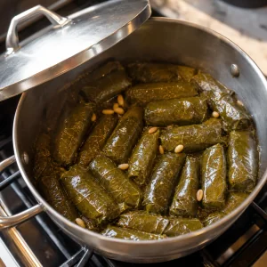 Gegarte Dolmades ruhen nach sanftem Köcheln im Topf, damit sie fest werden