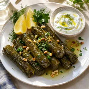 Fertige Zitronen-Dill-Weinblätter mit griechischem Joghurt und Olivenöl serviert