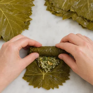 Ein Weinblatt wird mit Kräuterreis gefüllt und fest zu einer ordentlichen Dolmade gerollt