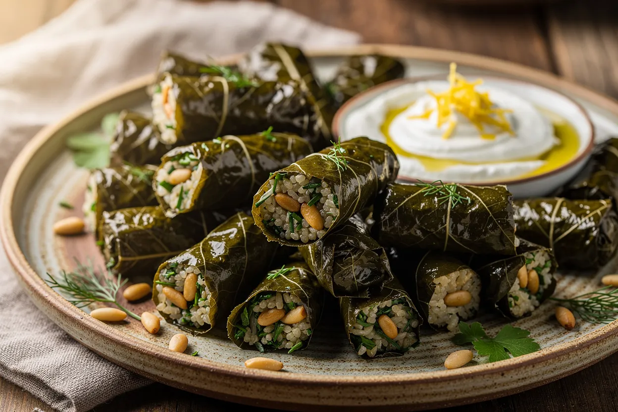 Lemon-Dill Stuffed Grape Leaves with Toasted Pine Nuts