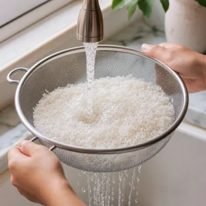 Langkornreis wird in einem Sieb unter kaltem Wasser gespült, bis das Wasser klar ist