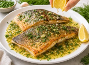 Truite terminee avec sauce beurre citronne, persil et aneth
