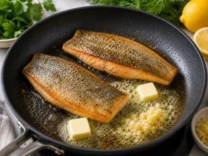 Filets de truite retournes avec beurre et ail hache dans la poele