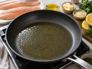 Huile d olive brillante dans une poele antiadhesive chaude